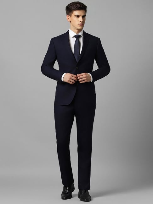 Louis Philippe Navy Slim Fit Texture Three Piece Suit