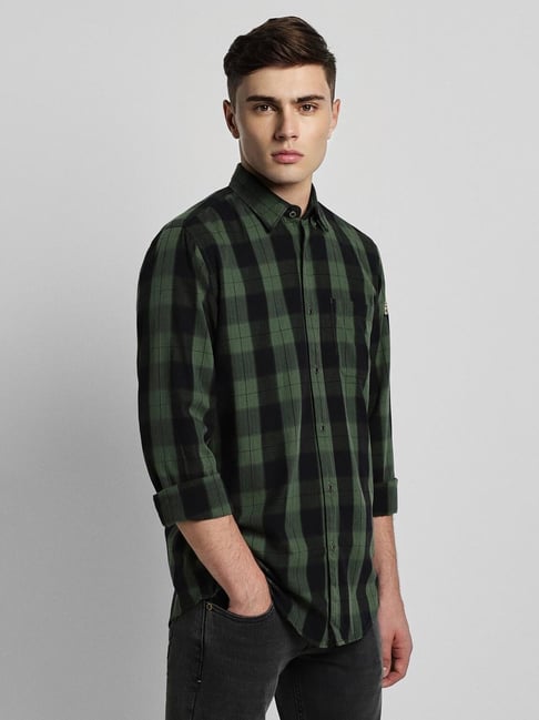 Buy Peter England Jeans Dark Green Cotton Slim Fit Checks Shirt