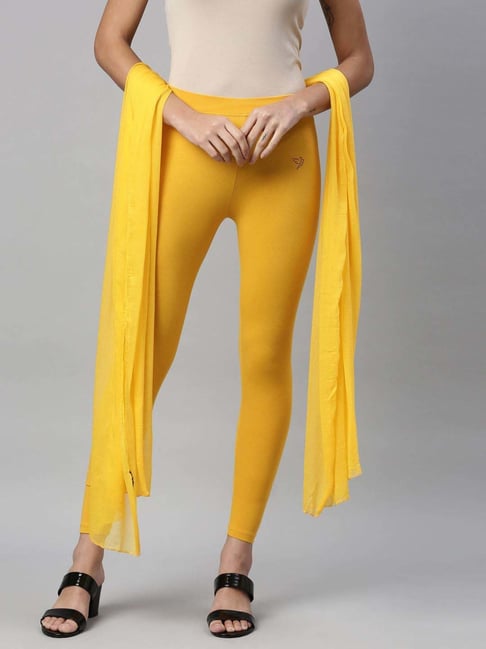 TWIN BIRDS Yellow Cotton Ankle Length Leggings With Dupatta