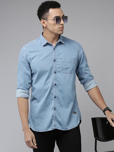 Amazon.com: Vintage Denim Shirt Men Long Sleeve Double Chest Pocket Casual Shirt  Slim Fit Blue Top Denim Jacket Blue Asian M : Clothing, Shoes & Jewelry