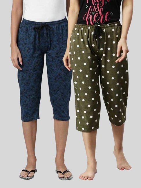 Kryptic Blue & Olive Elasticated Waist Band Relaxed Fit Printed Cotton Capris - Pack of 2-picture-29