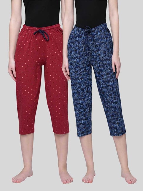 Kryptic Maroon & Blue Elasticated Waist Band Relaxed Fit Printed Cotton Capris - Pack of 2-picture-21