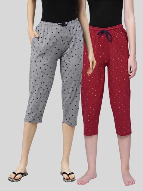 Kryptic Maroon & Grey Elasticated Waist Band Relaxed Fit Printed Cotton Capris - Pack of 2-picture-20