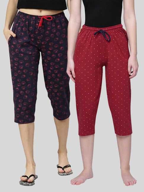 Kryptic Navy & Maroon Elasticated Waist Band Relaxed Fit Printed Cotton Capris - Pack of 2-picture-26
