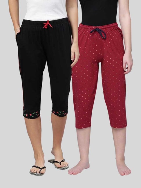 Kryptic Black & Maroon Elasticated Waist Band Relaxed Fit Printed Cotton Capris - Pack of 2-picture-24