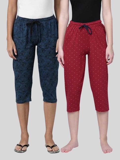 Kryptic Blue & Maroon Elasticated Waist Band Relaxed Fit Printed Cotton Capris - Pack of 2-picture-26