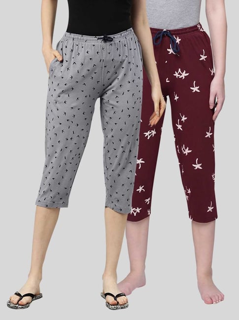 Kryptic Grey & Maroon Elasticated Waist Band Relaxed Fit Printed Cotton Capris - Pack of 2-picture-28