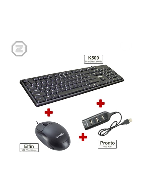 Zebion K500 Keyboard and Elfin Mouse Combo Set with Pronto 101 USB HUB (Black)