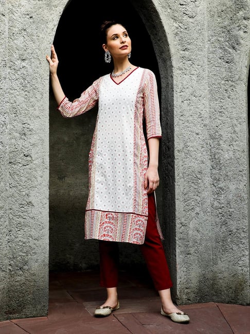 Buy Jaipur Kurti Maroon & White Cotton Printed Straight Kurta for Women's  Online @ Tata CLiQ