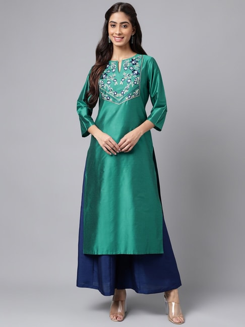 Stitched Peacock Blue Solid Dye Rayon Kurti Palazzo Set, Handwash at Rs  550/piece in Jaipur