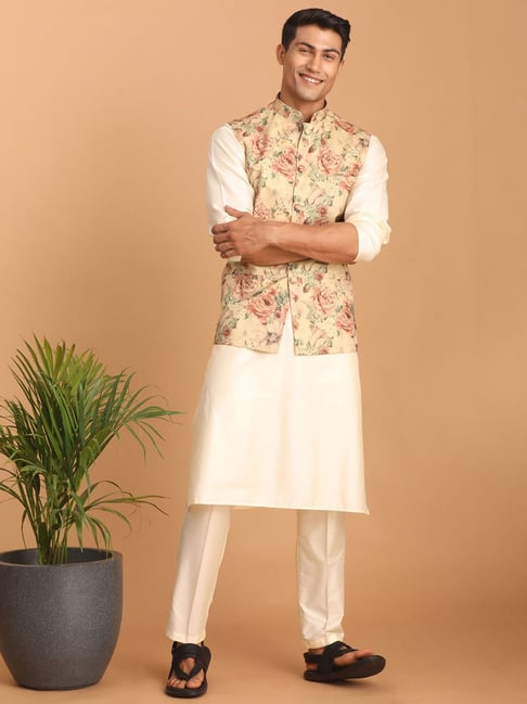 Crater Brown and White Floral Thread Embroidered Textured Premium Polyester  Designer Nehru Jacket For Men