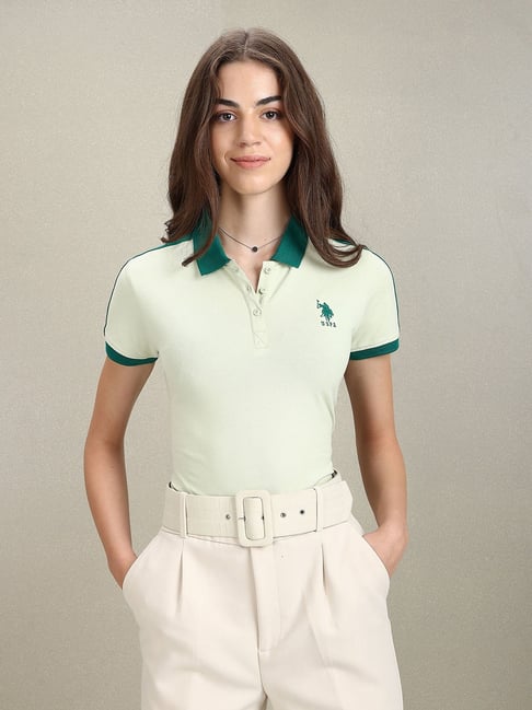 Polo Light Green Cotton Logo Print Polo T-Shirt
