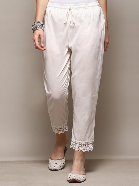 Biba White Cotton Regular Fit Pants