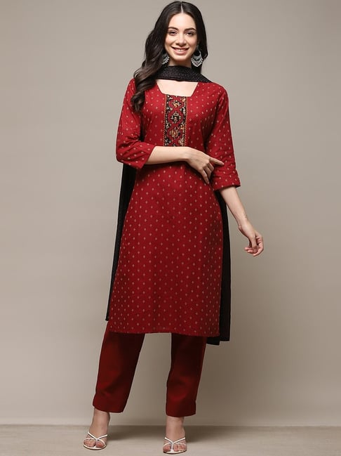 Buy Biba Maroon Cotton Blend Unstitched Dress Material Suit (Set of 3)  online