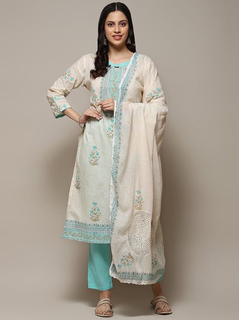 Biba Off-White Blue Cotton Printed Unstitched Dress Material