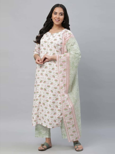 Aurelia White & Green Printed Kurta Palazzo Set With Dupatta