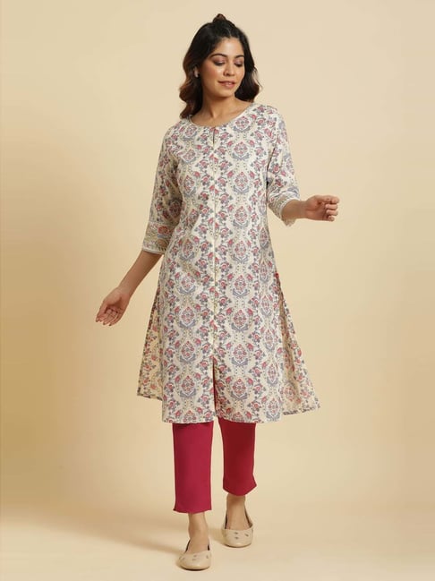 W Off-White Cotton Printed Straight Kurta