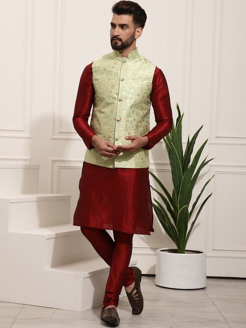 Mag Men's Maroon silk Kurta white Churidhar With Red Joot Waistcoat - MAG -  3813209