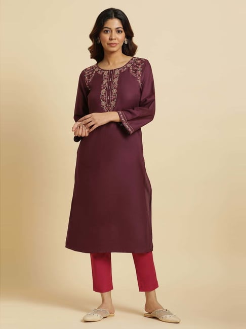W Purple Embroidered Straight Kurta-image-32