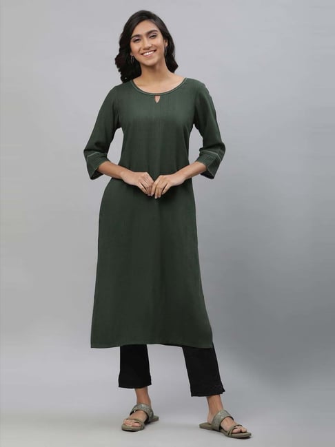 Aurelia Green Woven Pattern Straight Kurta-picture-39