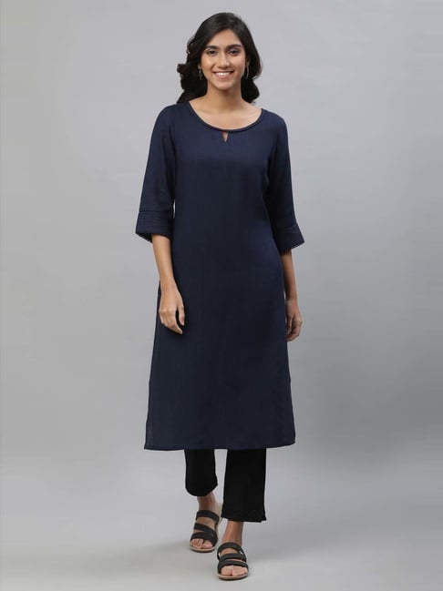 Aurelia Navy Woven Pattern Straight Kurta-picture-28