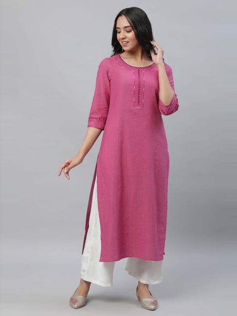 Buy Aurelia Pink Cotton Striped Straight Kurta for Women Online Tata CLiQ