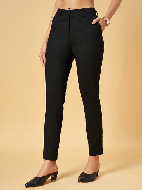 Buy Black Solid Trousers Online - Aurelia