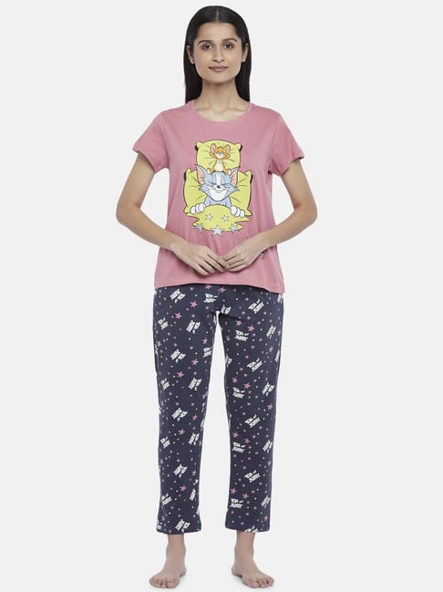 Dreamz by Pantaloons Pink Grey Cotton Graphic Print T Shirt Pyjama Set