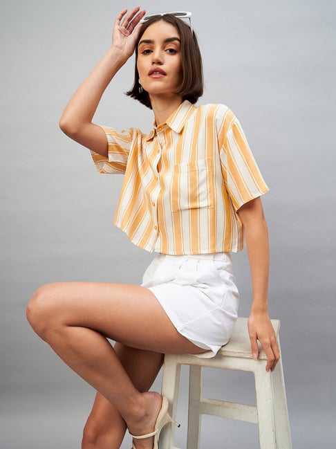 CHIMPAAANZEE Yellow & White Viscose Striped Cropped Shirt-picture-35