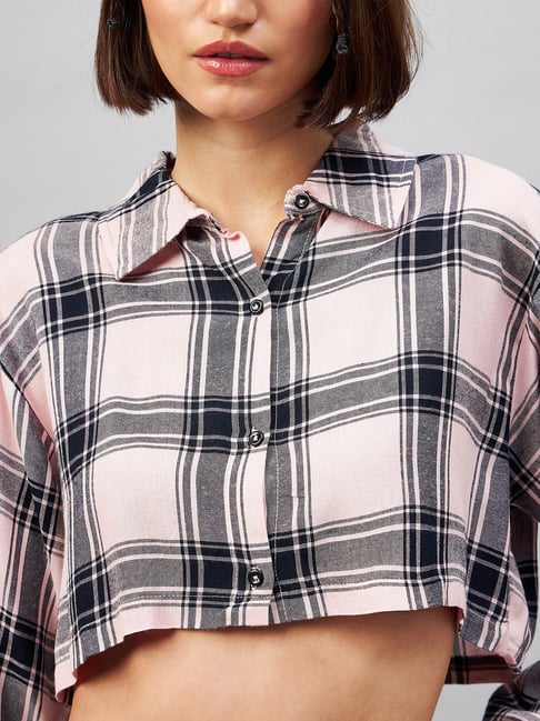 Buy CHIMPAAANZEE Pink & Black Viscose Checks Oversized Crop Shirt
