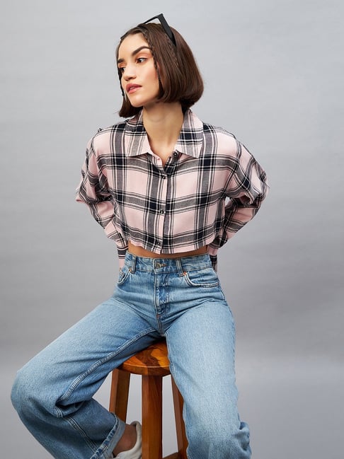 Buy CHIMPAAANZEE Pink & Black Viscose Checks Oversized Crop Shirt