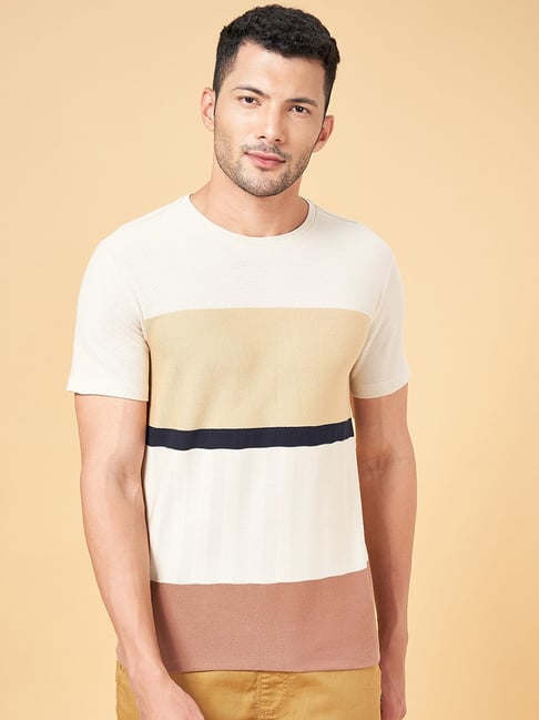 Urban Ranger By Pantaloons Tan & White Cotton Slim Fit Striped T-Shirt-picture-38