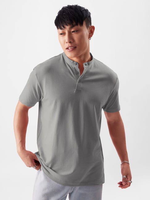 The Souled Store Light Grey Regular Fit Mandarin Collar T-Shirt