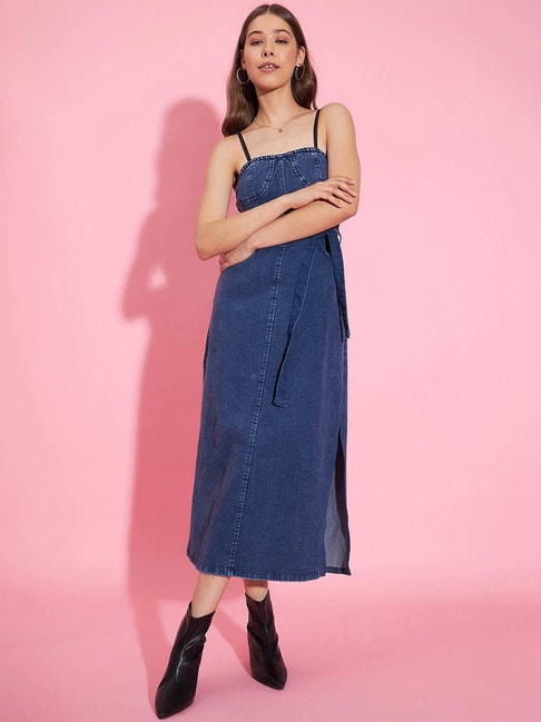 Buy GLAMODA Women A-Line Dark Blue Pinafore Denim Midi Dress for Women  (Small) at Amazon.in