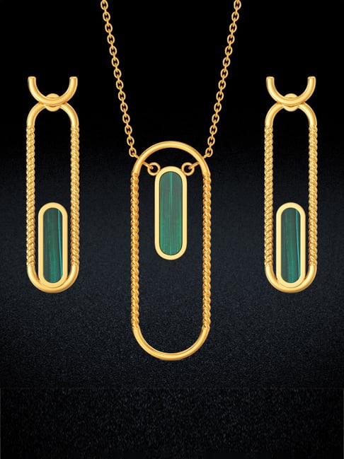 Joyalukkas 22k Gold Capsule-frame Green Brightlight Pendant & Earrings Set