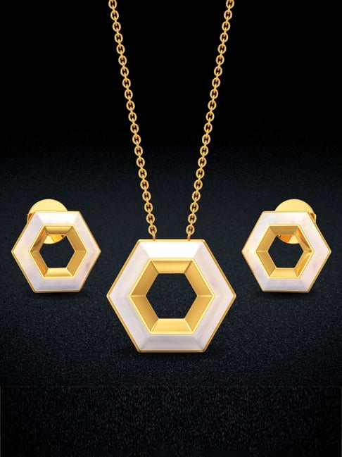 Joyalukkas 18k Gold Polyhexagon Shaped While Glow Pendant & Earrings Set