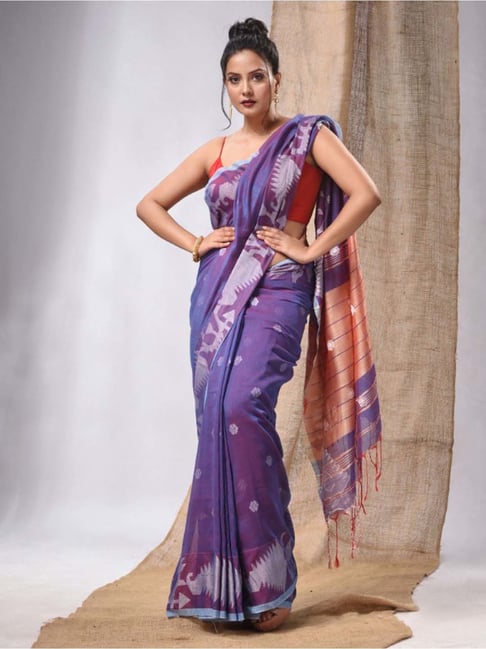 Purple Floral Khadi Cotton Saree