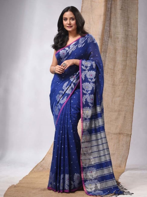 Navy Blue & Bronze-Toned Ethnic Motifs Beads & Stones Saree– Inddus.in