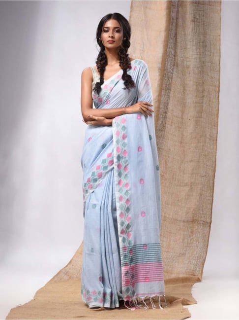 Baby Blue Chikankari Sequins Lucknowi Weaving Cotton Silk Saree -  Shaaola.com