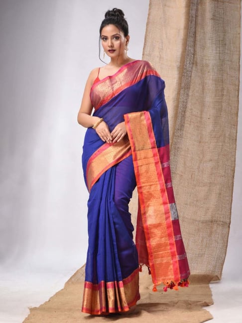 CHARUKRITI Blue & Pink Silk Woven Saree With Unstitched Blouse