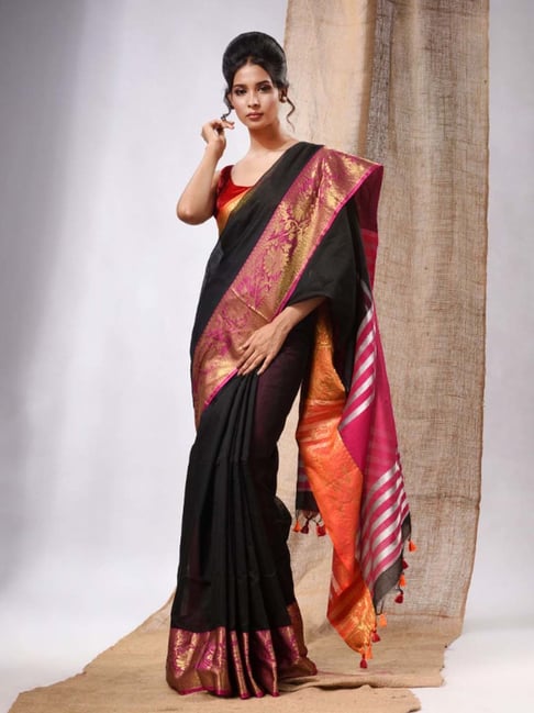 Buy Fab Silk Embroidered Paithani Cotton Silk Black, Pink Sarees Online @  Best Price In India | Flipkart.com