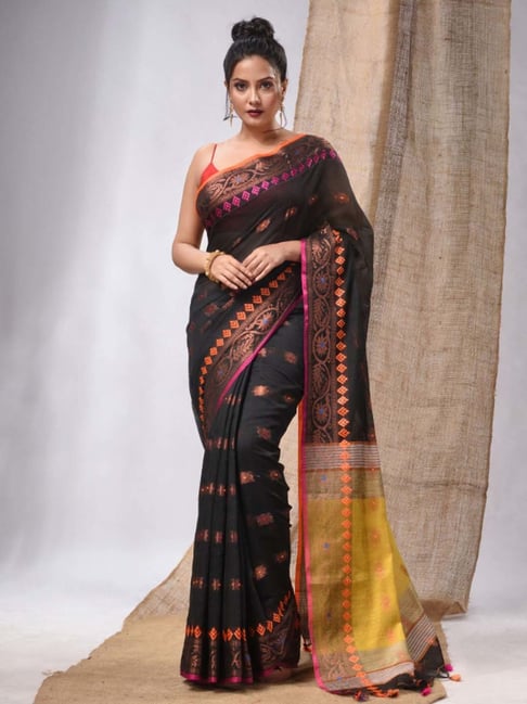 Georgette lining Saree Banarasi Silk Saree with blouse Piece Black Yellow  color | eBay