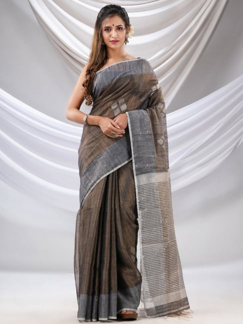 Black Embellished Sequins Pure Cotton Saree without Blouse - Sutisaree