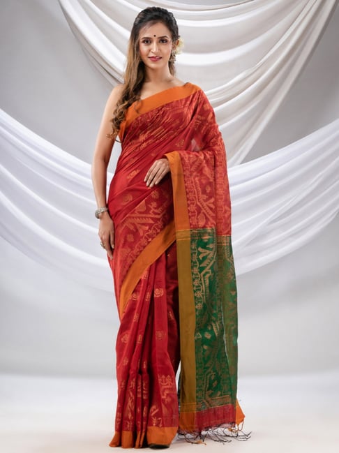Woven Katan silk Banarasi Saree with Bp (Red,Green) - Aishani collection