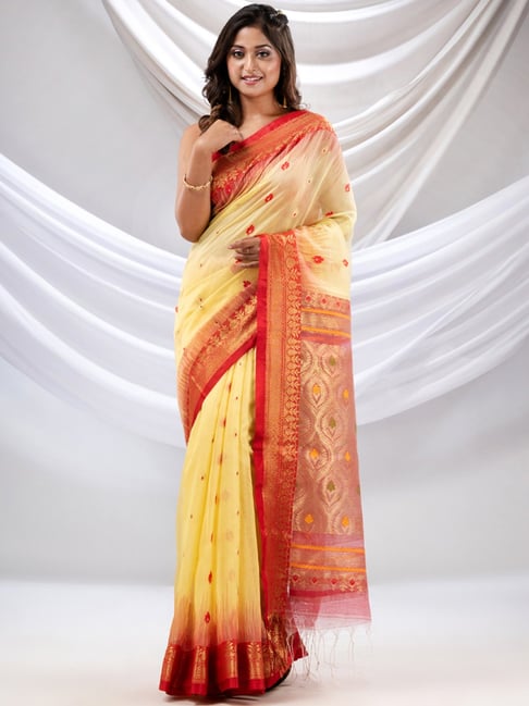 CHARUKRITI Yellow & Red Woven Saree With Unstitched Blouse