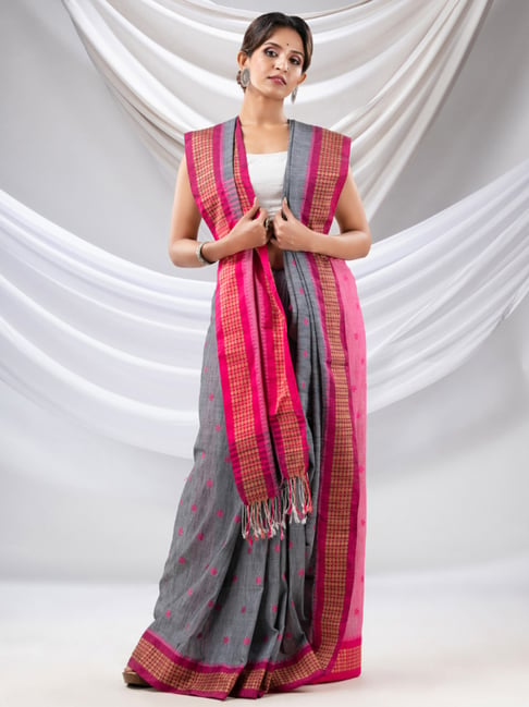 Indian Wedding Grey Silk Saree For Women With Pink Border Saree Online  Blouse | eBay