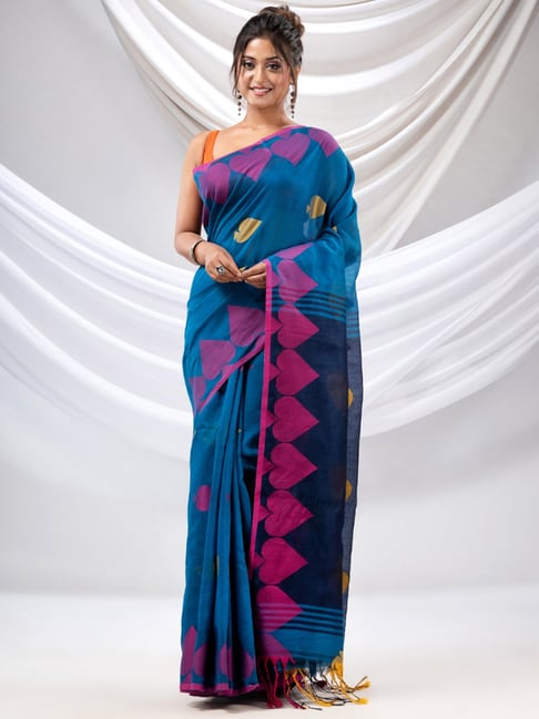 Black with Blue Floral Print Pure Handwoven Tussar Silk Saree with Zar –  Looms Legacy