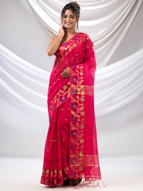 Pink Passion - Handloom Hot Pink Saree with Zari Stripes - Indic Brands