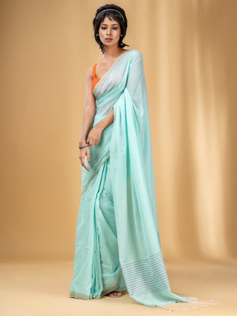 Buy Sky Blue Printed Work Cotton Saree Online