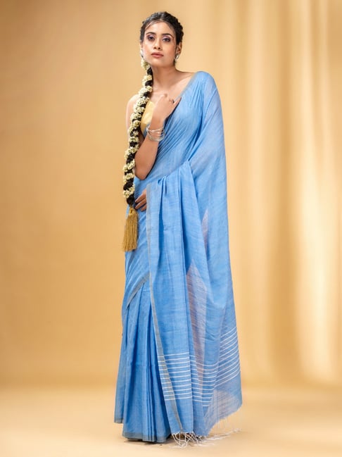 WoodenTant Daily Wear Handloom Pure Cotton Saree with Blouse Piece in Light  Blue